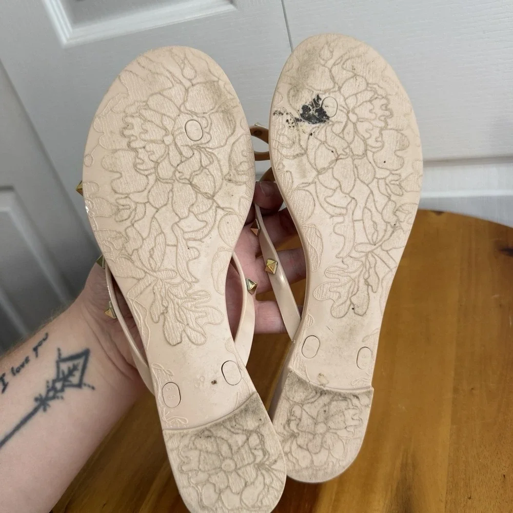 Pink Gold Studded Bow Flip Flops Women's Size 8 Beach Cruise Boho Grunge Preppy‎